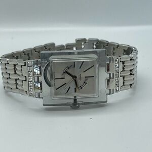 𝅺vintage Ladies Square Swatch Watch So Chic SUBM100G Stainless Steel Crystals